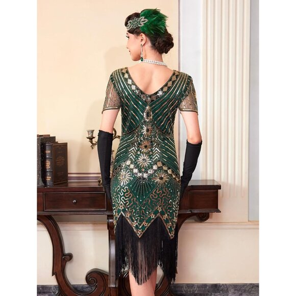 1920s Flapper Dress Sheer Beaded Sleeves Costume Party Vintage - Picture 3 of 7